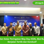 Peringatan May Day 2026 di Medan berlangsung tertib, buruh menyampaikan aspirasi soal upah dan kesejahteraan, situasi kota kondusif.