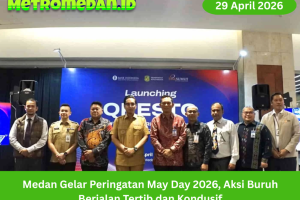 Peringatan May Day 2026 di Medan berlangsung tertib, buruh menyampaikan aspirasi soal upah dan kesejahteraan, situasi kota kondusif.