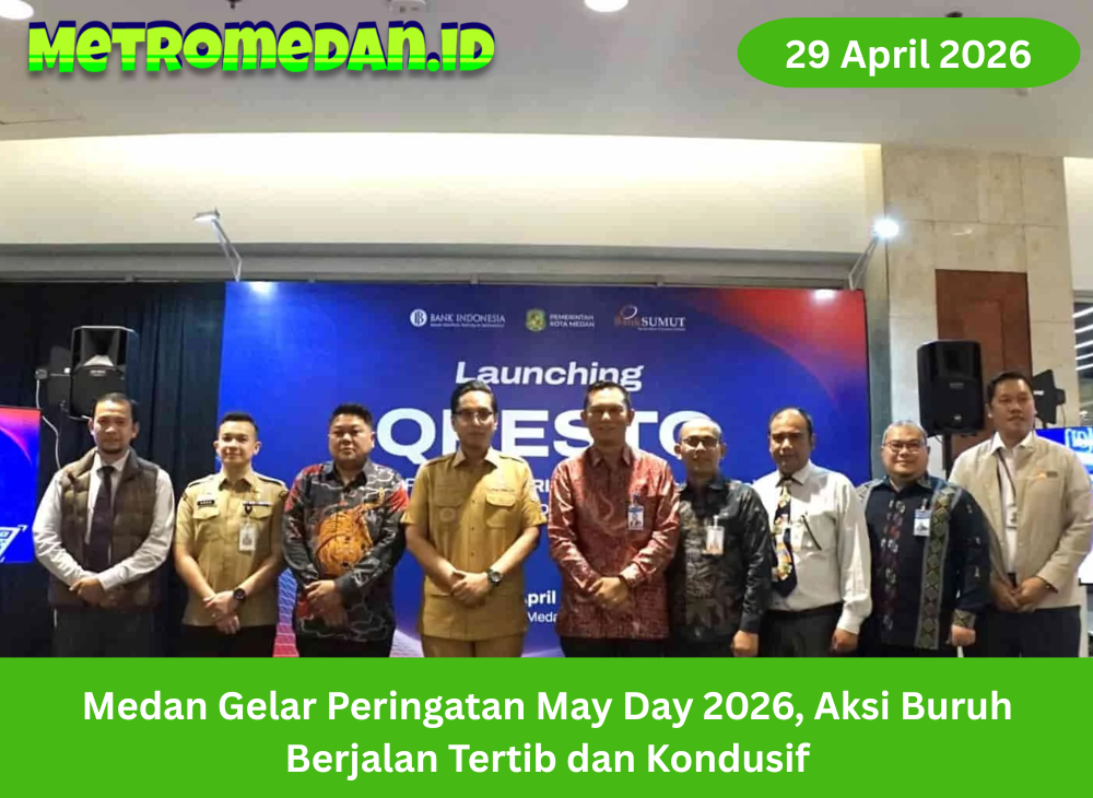 Peringatan May Day 2026 di Medan berlangsung tertib, buruh menyampaikan aspirasi soal upah dan kesejahteraan, situasi kota kondusif.