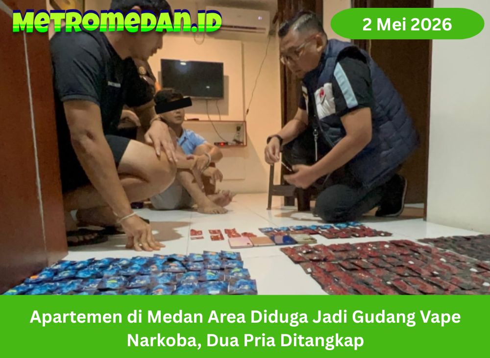 Polrestabes Medan menggerebek apartemen di Medan Area yang diduga menjadi gudang vape narkoba. Dua pria ditangkap, ratusan vape dan pil happy five disita.