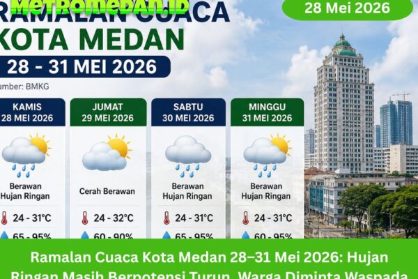 Ramalan cuaca Medan 28–31 Mei 2026 diprediksi berawan hingga hujan ringan. Warga diminta waspada perubahan cuaca saat beraktivitas.