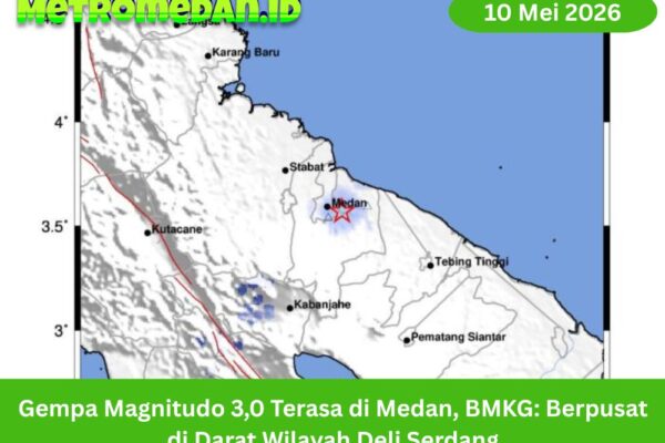 Gempa magnitudo 3,0 mengguncang Deli Serdang dan terasa hingga Medan. BMKG menyebut pusat gempa berada di darat dengan kedalaman 8 km.