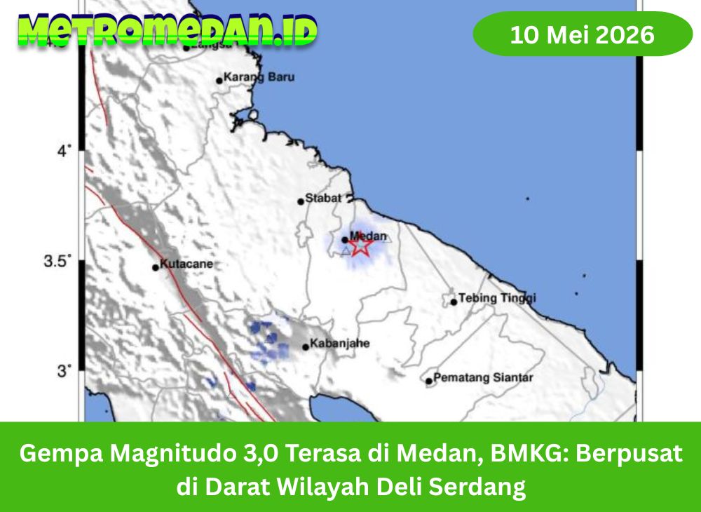 Gempa magnitudo 3,0 mengguncang Deli Serdang dan terasa hingga Medan. BMKG menyebut pusat gempa berada di darat dengan kedalaman 8 km.
