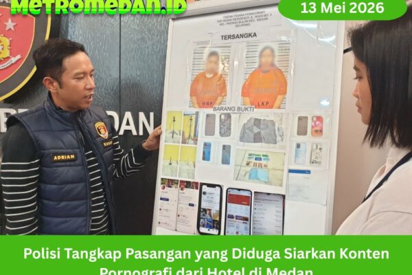 Polisi menangkap pasangan di Medan yang diduga menyiarkan konten pornografi dari hotel dan meraup keuntungan dari siaran berbayar.