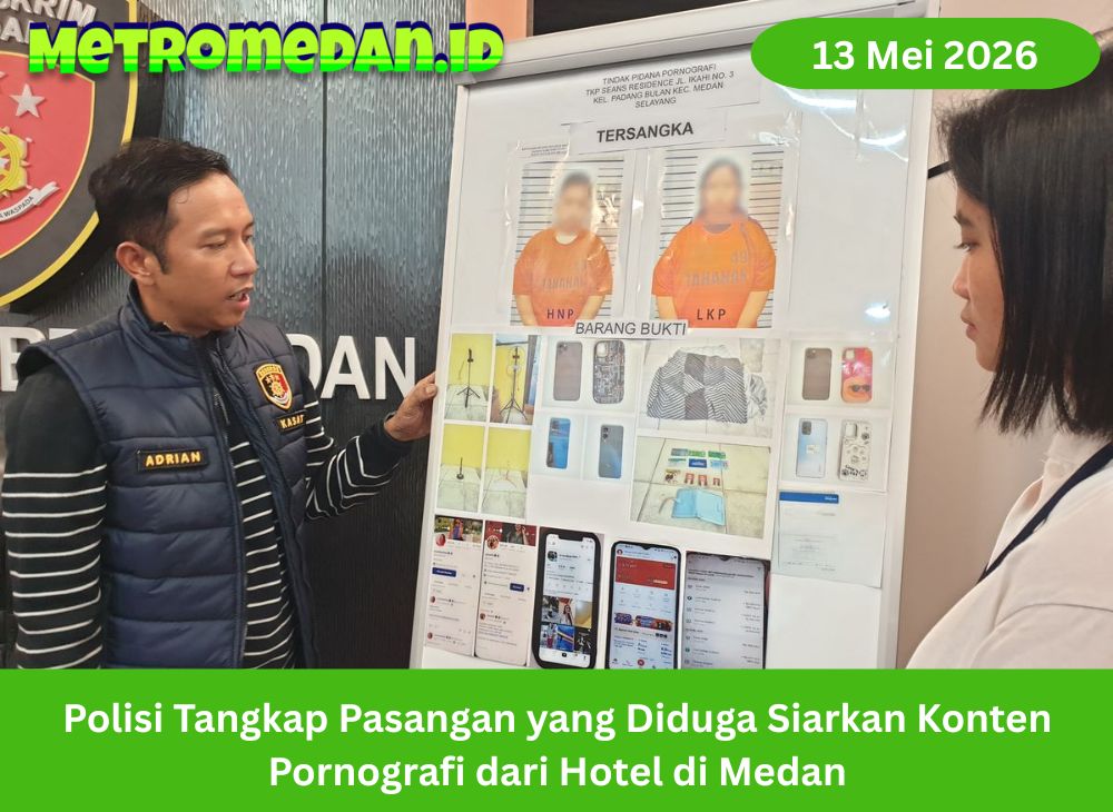 Polisi menangkap pasangan di Medan yang diduga menyiarkan konten pornografi dari hotel dan meraup keuntungan dari siaran berbayar.