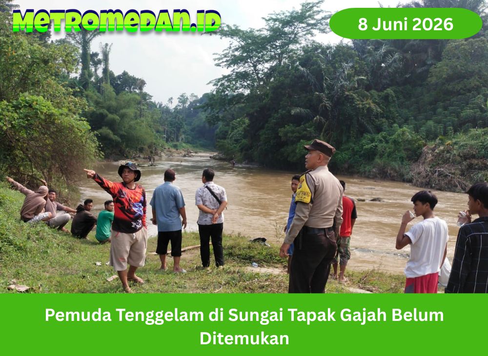 Pemuda dilaporkan tenggelam di Sungai Tapak Gajah, Medan. Tim gabungan bersama warga masih melakukan pencarian di sekitar lokasi.
