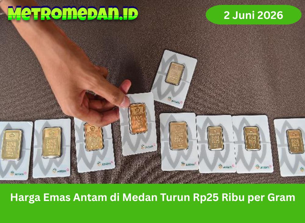 Harga emas Antam di Medan turun Rp25 ribu menjadi Rp2.774.000 per gram pada 2 Juni 2026, buyback ikut melemah.