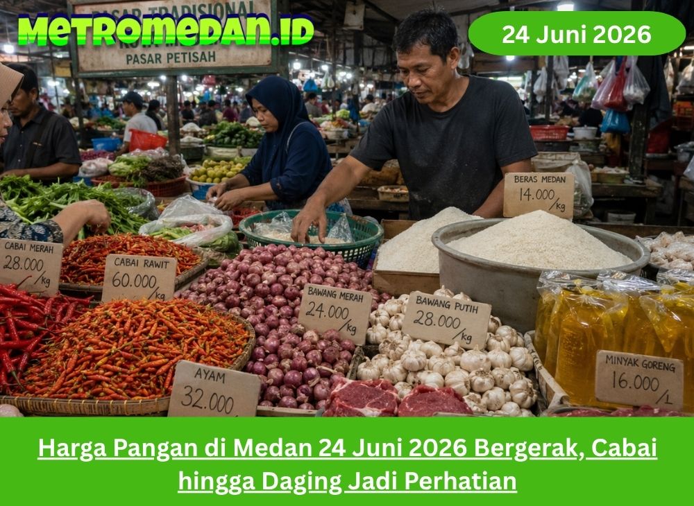 Harga pangan Medan 24 Juni 2026 bergerak, cabai hingga daging jadi perhatian warga yang memantau kebutuhan pokok di pasar.