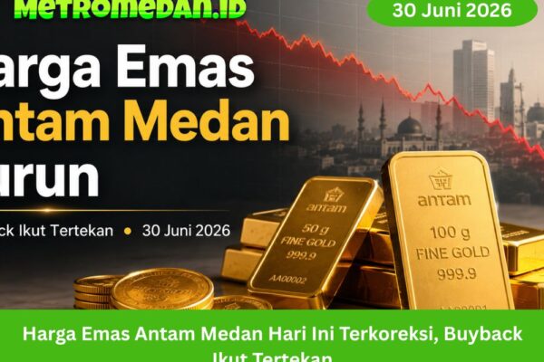 Harga emas Antam Medan hari ini terkoreksi menjadi Rp2.630.000 per gram, sementara harga buyback ikut turun ke Rp2.335.000 per gram.