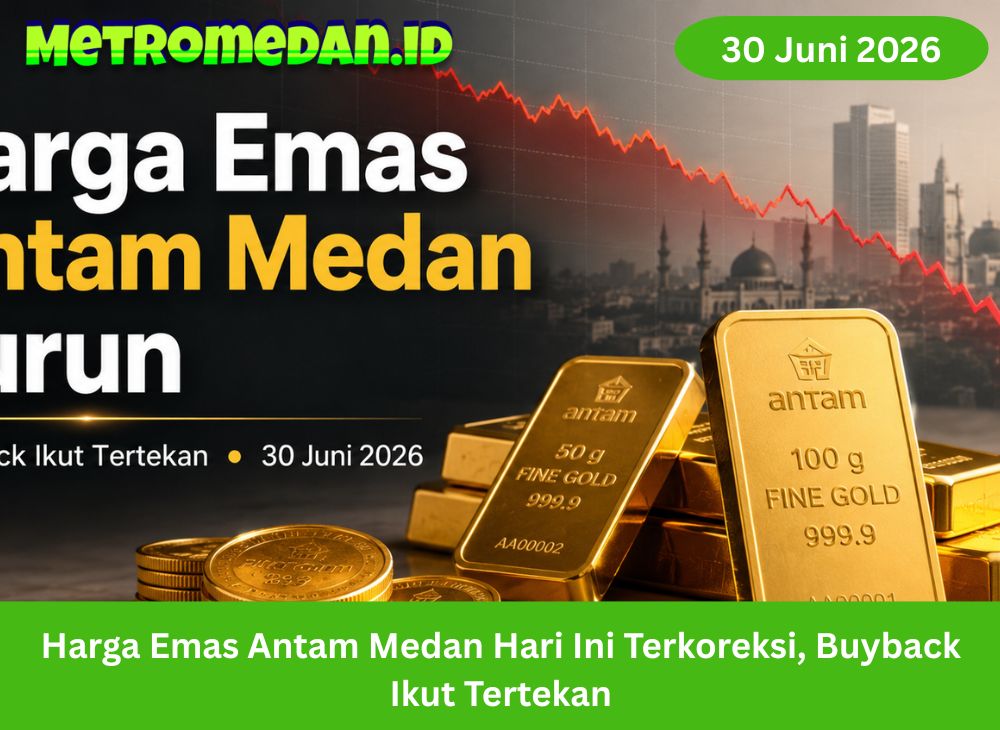 Harga emas Antam Medan hari ini terkoreksi menjadi Rp2.630.000 per gram, sementara harga buyback ikut turun ke Rp2.335.000 per gram.