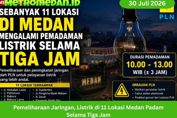 Pemadaman listrik terjadi di 11 lokasi Medan pada 30 Juli 2026 selama tiga jam akibat pemeliharaan dan peningkatan jaringan PLN.