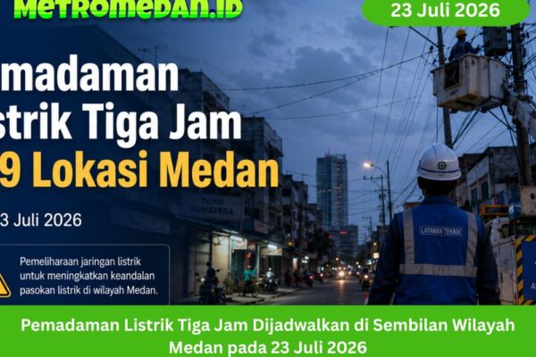 PLN menjadwalkan pemadaman listrik selama tiga jam di sembilan wilayah Medan pada 23 Juli 2026 untuk pemeliharaan jaringan mulai pukul 10.00 WIB.