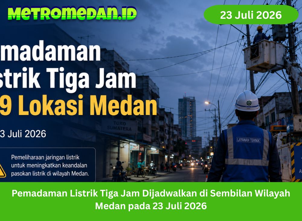 PLN menjadwalkan pemadaman listrik selama tiga jam di sembilan wilayah Medan pada 23 Juli 2026 untuk pemeliharaan jaringan mulai pukul 10.00 WIB.