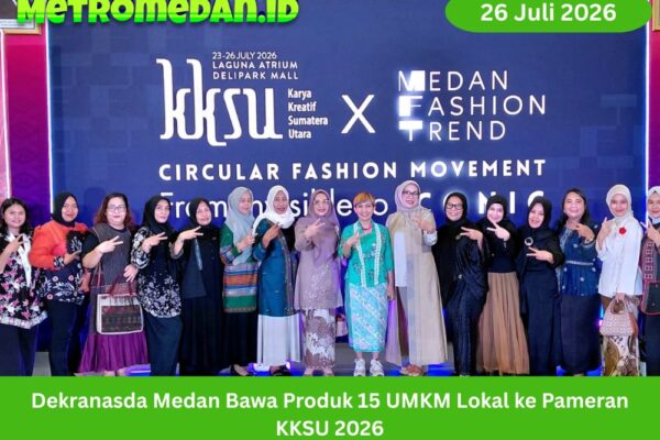Dekranasda Medan menampilkan produk unggulan dari 15 UMKM binaan pada KKSU 2026, mulai dari ulos, songket, tenun, tas, hingga aksesori lokal.