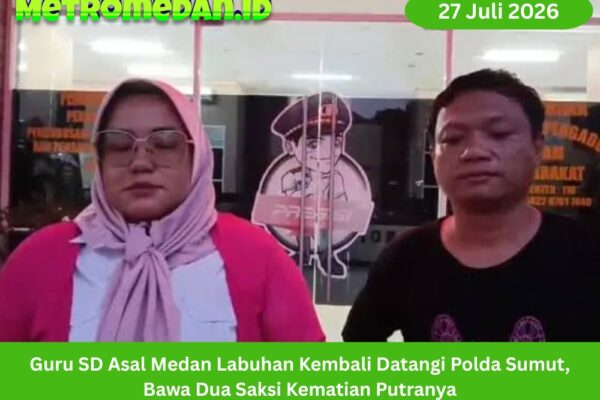 Guru SD asal Medan Labuhan kembali mendatangi Polda Sumut dengan membawa dua saksi untuk mengawal penyelidikan kematian putranya, Daffa Al Buchory.