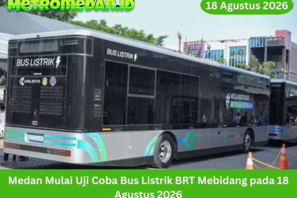 Uji coba Bus Listrik BRT Mebidang dimulai di Medan pada 18 Agustus 2026 dengan tiga armada yang melayani dua rute awal.
