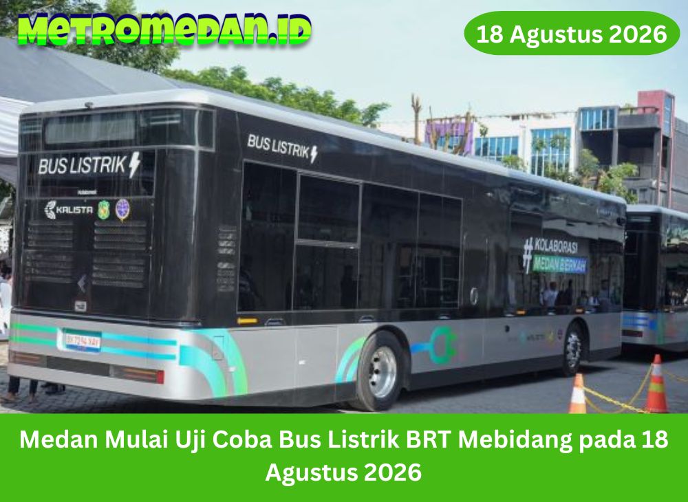 Uji coba Bus Listrik BRT Mebidang dimulai di Medan pada 18 Agustus 2026 dengan tiga armada yang melayani dua rute awal.