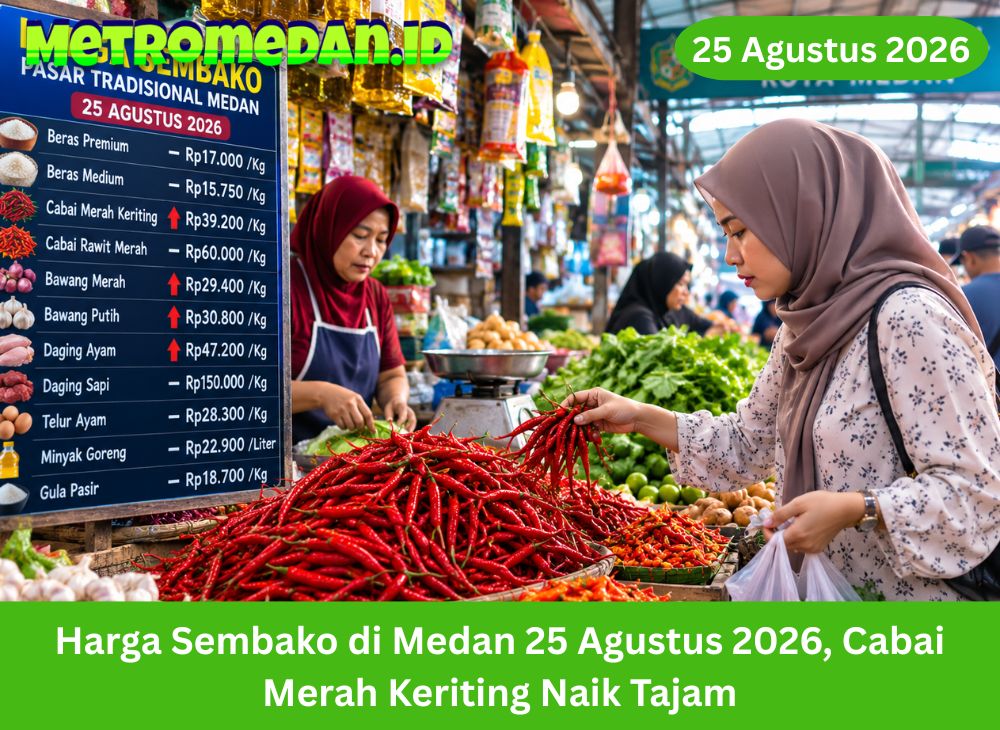 Harga sembako di Medan 25 Agustus 2026 bergerak beragam. Cabai merah keriting naik tajam, sementara beras dan kebutuhan pokok lain relatif stabil.