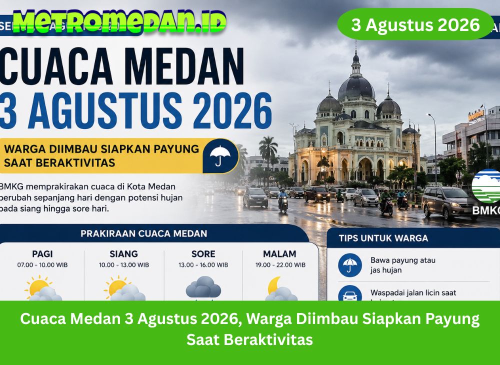 Prakiraan cuaca Medan 3 Agustus 2026 diperkirakan berubah sepanjang hari. Warga diimbau membawa payung dan memantau informasi terbaru BMKG.