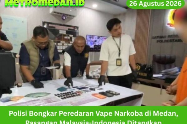 Polisi membongkar peredaran vape diduga mengandung narkoba di Medan. Seorang WN Malaysia dan kekasihnya diamankan bersama puluhan barang bukti.