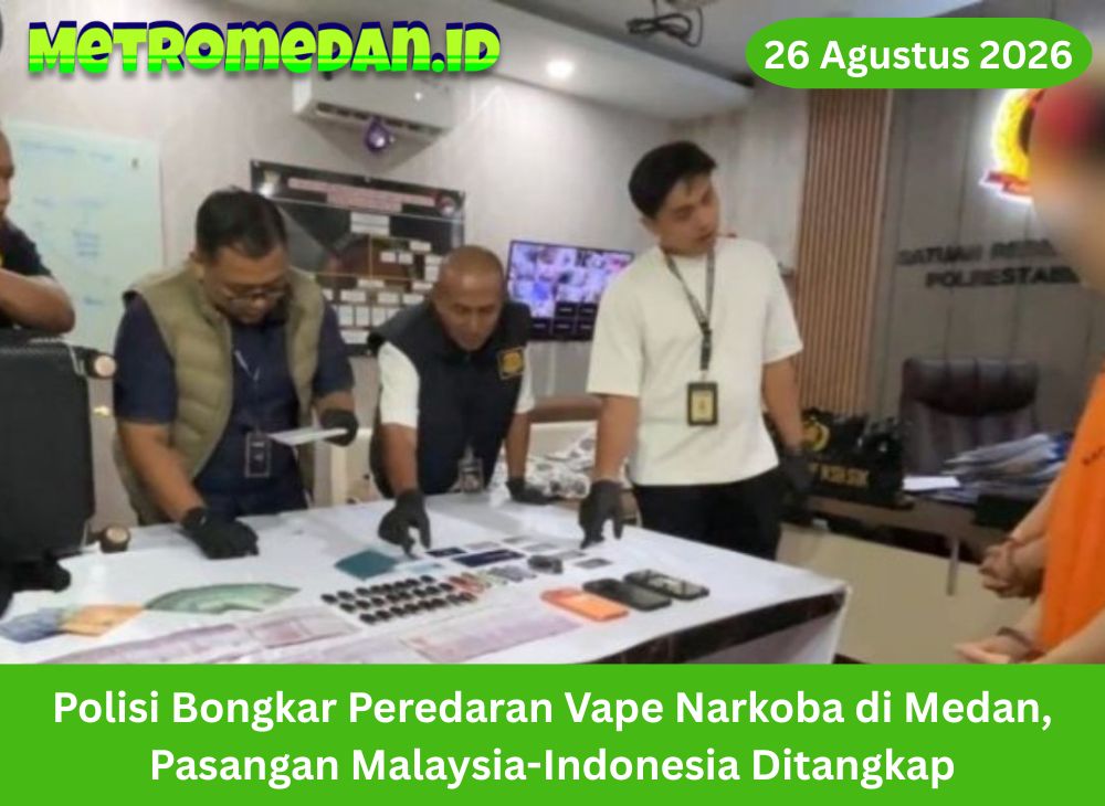 Polisi membongkar peredaran vape diduga mengandung narkoba di Medan. Seorang WN Malaysia dan kekasihnya diamankan bersama puluhan barang bukti.