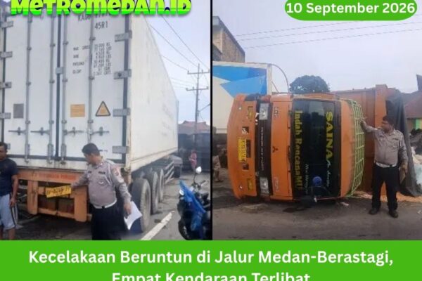 Kecelakaan beruntun di jalur Medan-Berastagi melibatkan empat kendaraan. Polisi menduga rem blong menjadi pemicu, tanpa korban jiwa dilaporkan serius.